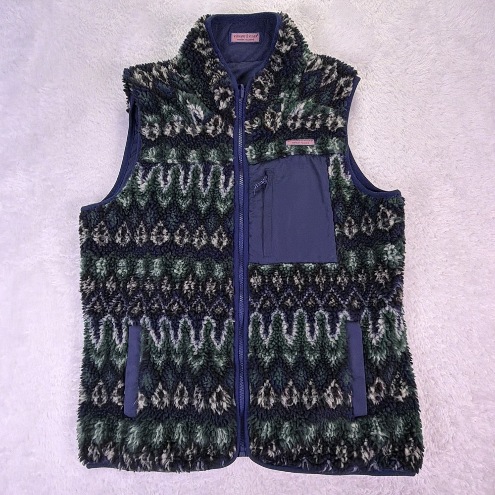 Vineyard Vines Reversible Vest Fair Isle Sherpa Fleece Puffer Navy - Womens M